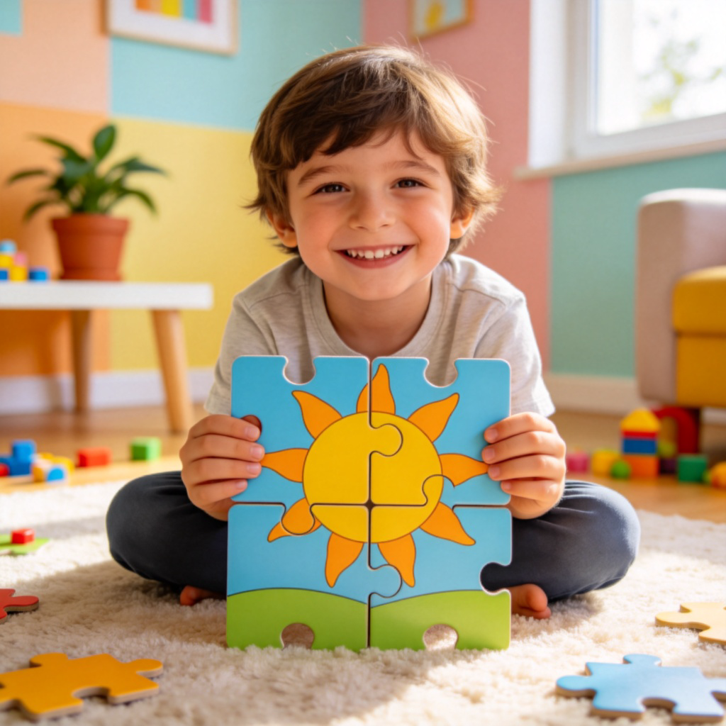 a piece of cake 习语图解：孩子轻松完成简单拼图的场景