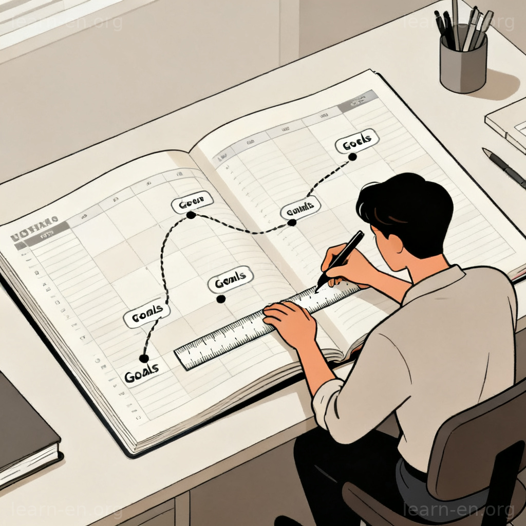 Strategic planner drawing a roadmap with goals, demonstrating calculated planning and design.