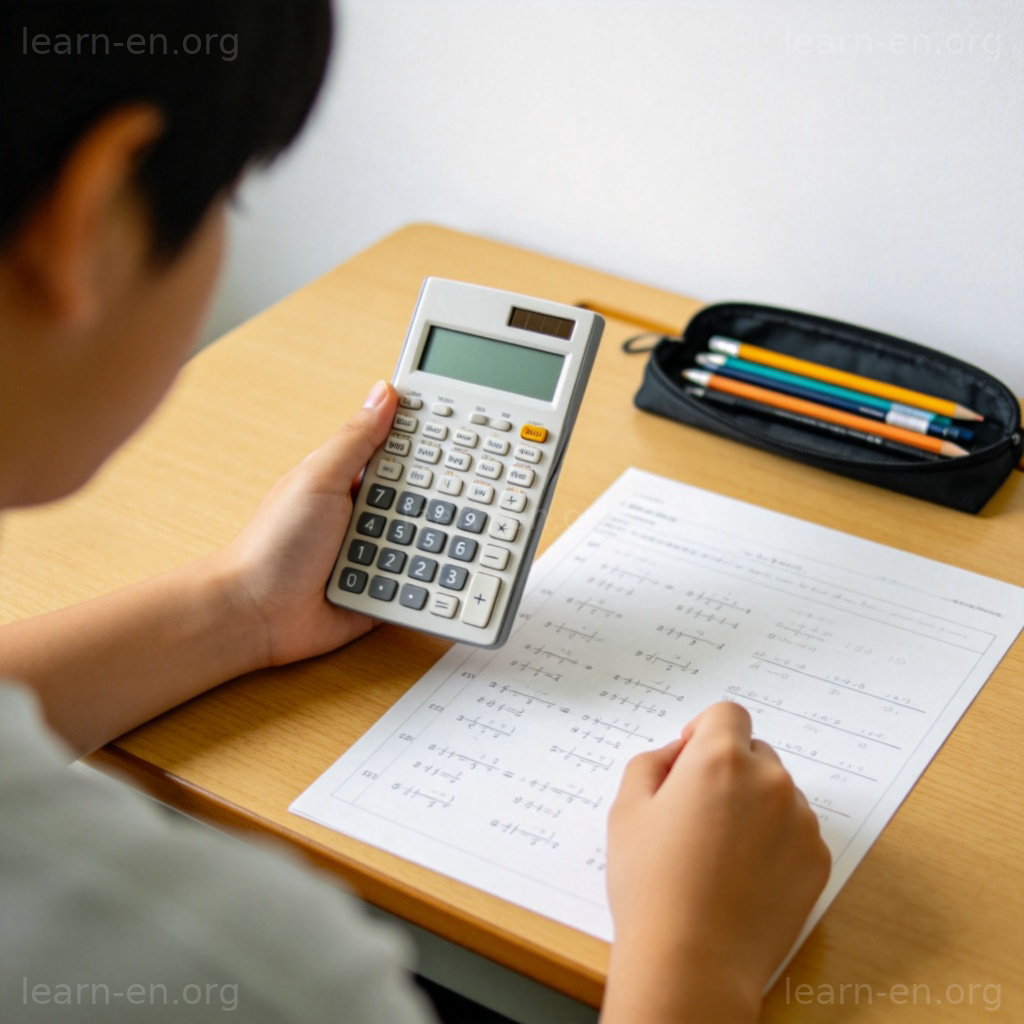 Calculator 图解：学生在书桌前使用电子计算器核对数学作业