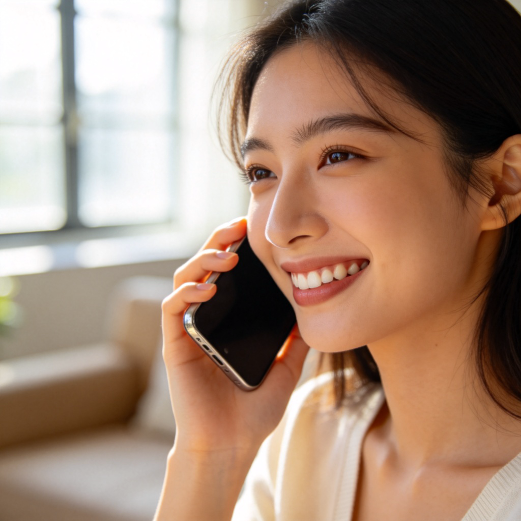 A young woman smiling, holding a modern smartphone to her ear while standing in a bright, cozy living room. She appears to be in a pleasant conversation. Natural daylight from a window, focus on her face and the phone. Realistic style. No text or logos.