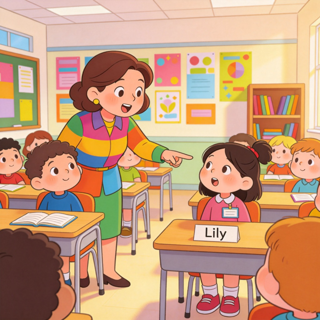 A friendly elementary school teacher in a colorful classroom, pointing towards a student with a name tag on her desk. The teacher's mouth is slightly open as if saying the student's name. Other students are sitting attentively. Warm, clear lighting. Cartoon illustration style.