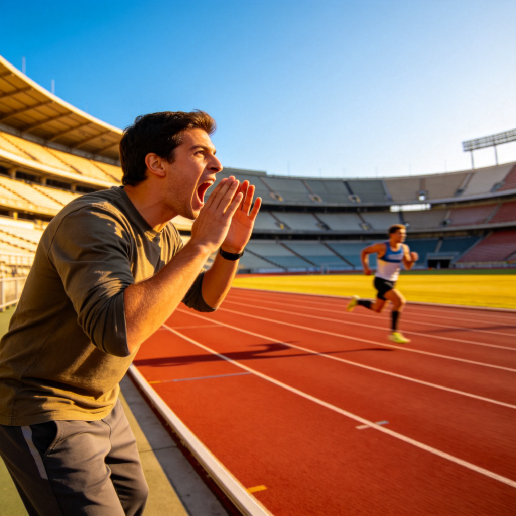 A person standing at the edge of a running track, cupping hands around their mouth as if shouting encouragement towards a distant runner. The scene is set in a sports stadium under clear blue skies. Action shot, realistic photography style. No text.