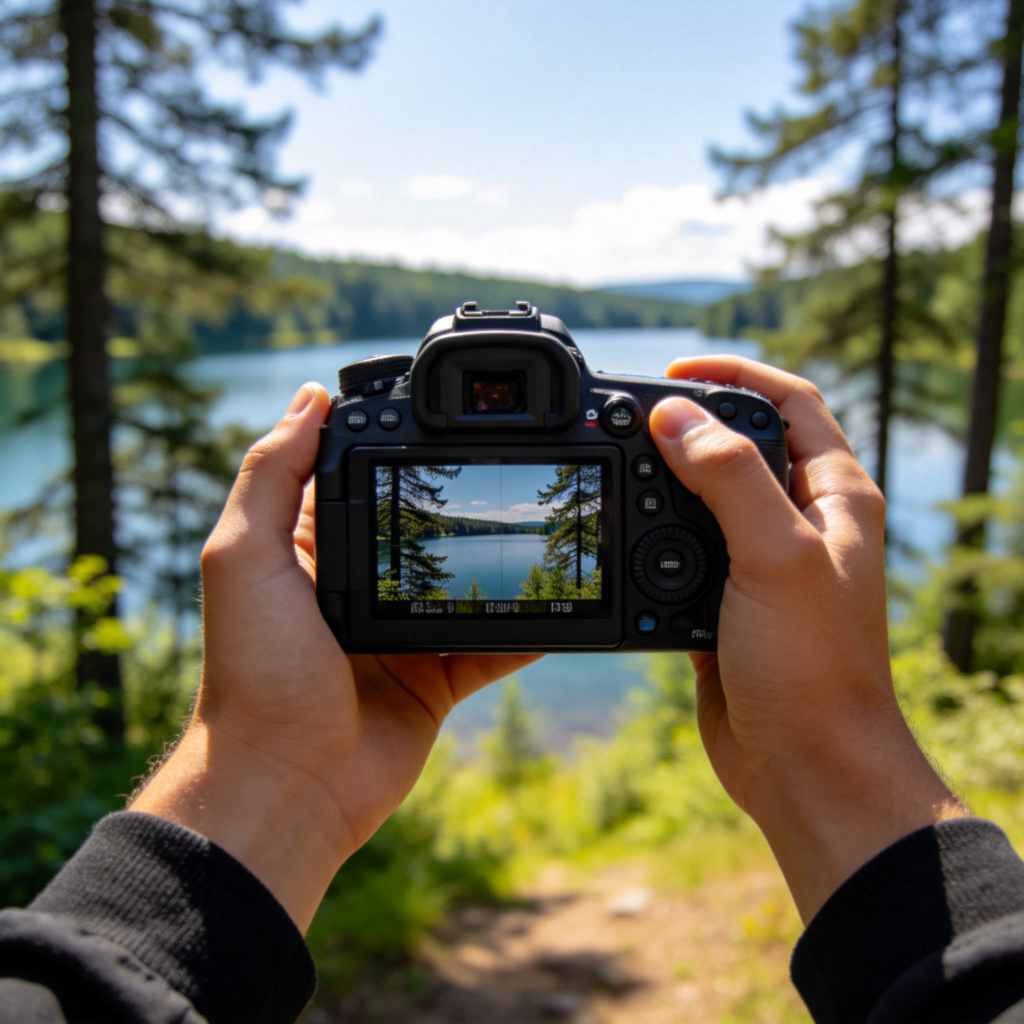 Camera 图解：三脚架上的数码相机正在拍摄风景