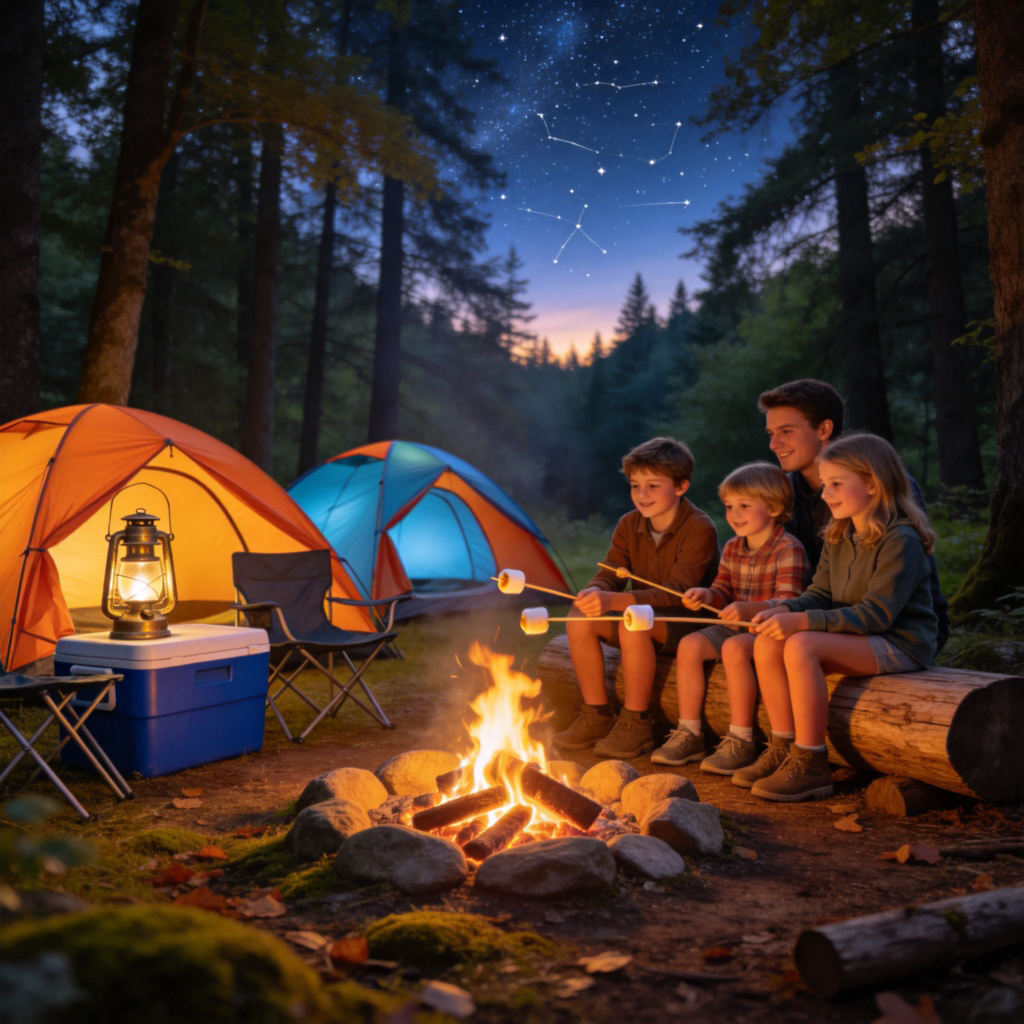 A peaceful forest clearing at dusk, with two colorful tents pitched near a small campfire. A family is sitting on logs, roasting marshmallows, with a starry sky visible through the trees. The campsite is the clear focus, with simple camping gear like a lantern and a cooler nearby. Photorealistic style, warm lighting.