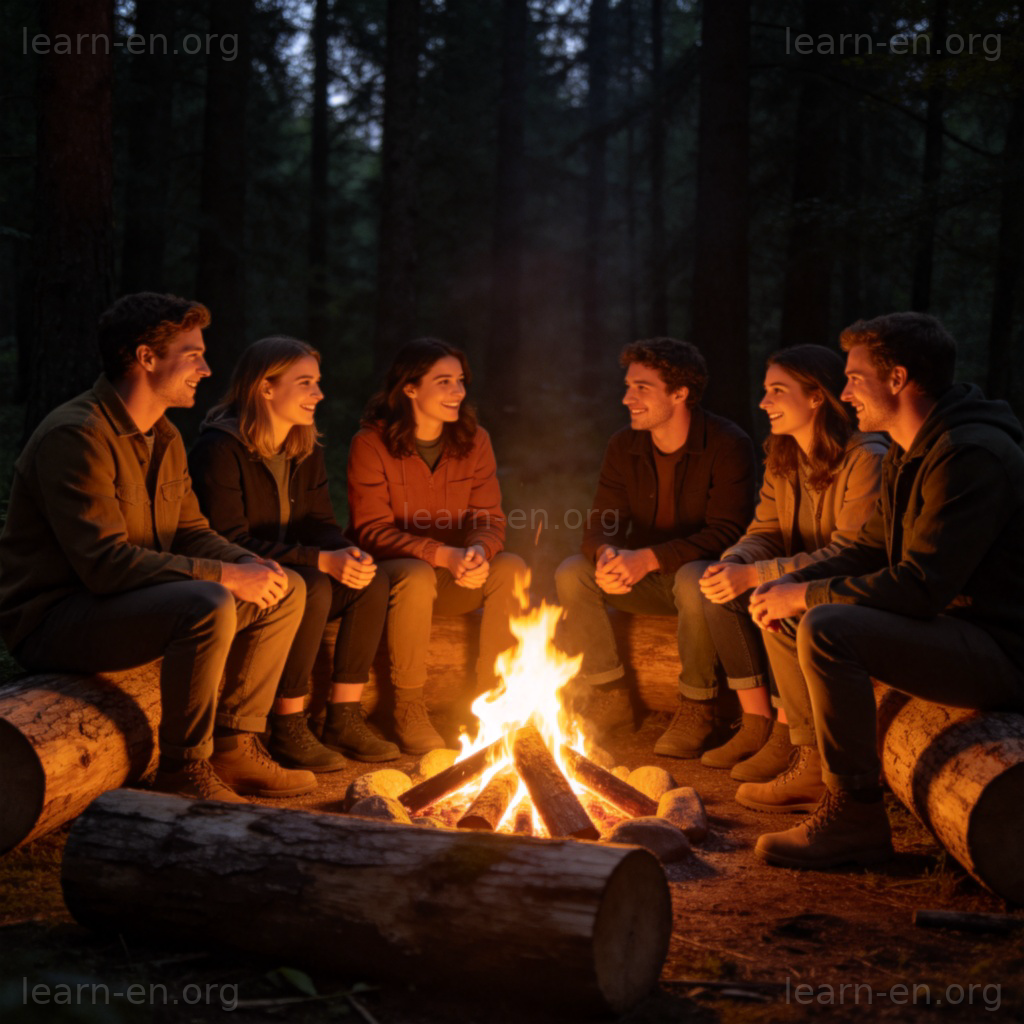 Campfire 篝火图解：夜晚森林中人群围坐取暖交谈的场景