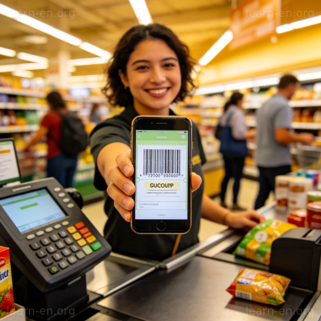 Person at checkout holding phone showing coupon barcode
