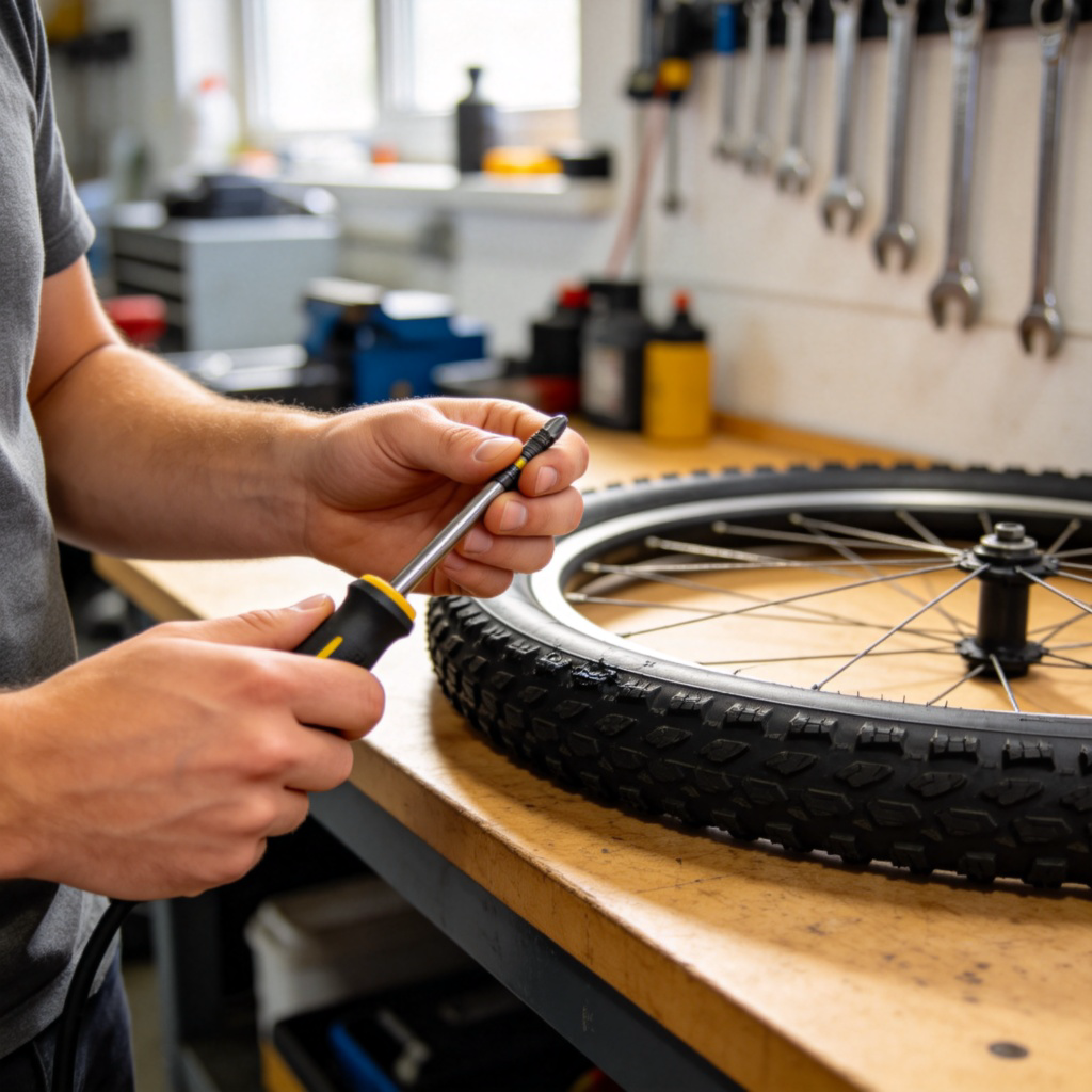 A person successfully fixing a bicycle tire in a garage. Focus on the person's hands holding the tool and the repaired tire. The person looks satisfied and capable. Bright, natural lighting, clean background. No text.