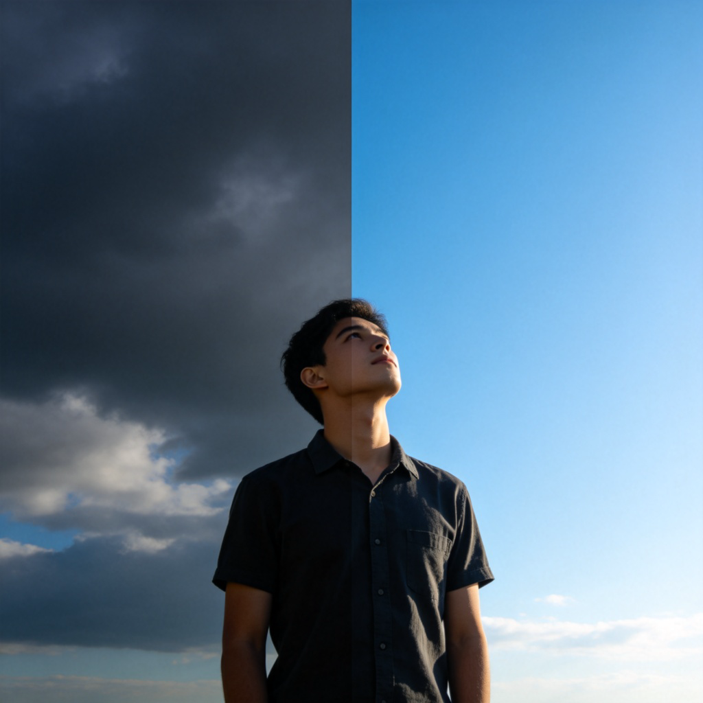A split-screen image. On the left, a sky filled with dark clouds; on the right, a clear blue sunny sky. The central focus is a person standing in the middle, looking up indecisively. This visually represents the idea of possibility. Natural lighting, simple composition. No text.