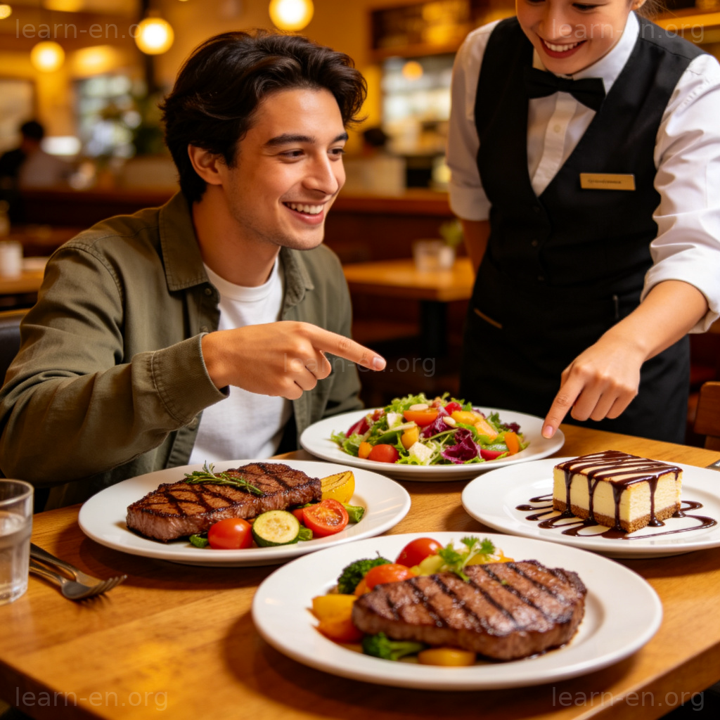 餐厅用餐后，顾客微笑示意服务员打包桌上美食的示意图