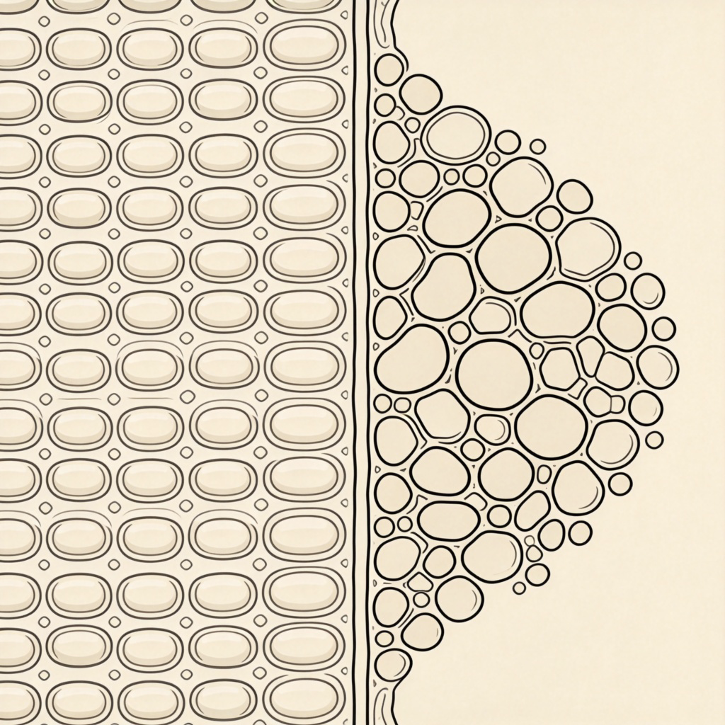 A detailed medical illustration showing a side-by-side comparison. On the left, healthy, orderly cells forming neat tissue. On the right, a chaotic cluster of irregular, dividing cells invading the healthy tissue, representing a cancerous tumor. Clean, clinical style with labels removed. Focus on the stark visual contrast between normal and abnormal growth.