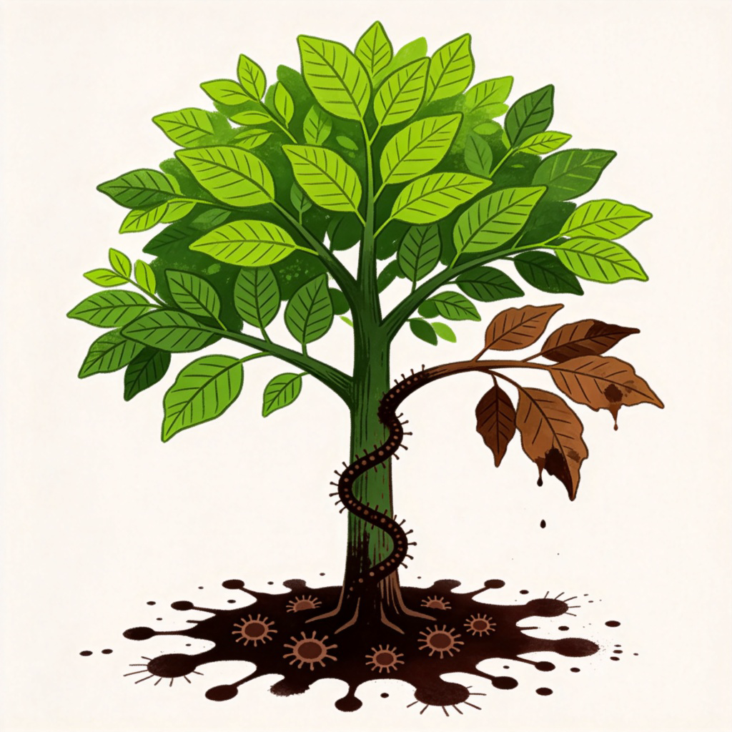 A symbolic, impactful illustration. A healthy, green tree representing a society or organization. At its base, a dark, spreading stain shaped like cancer cells is creeping up the trunk, causing the leaves on one major branch to wither and turn brown. The contrast between the vibrant and dying parts is stark. Simple, artistic style.