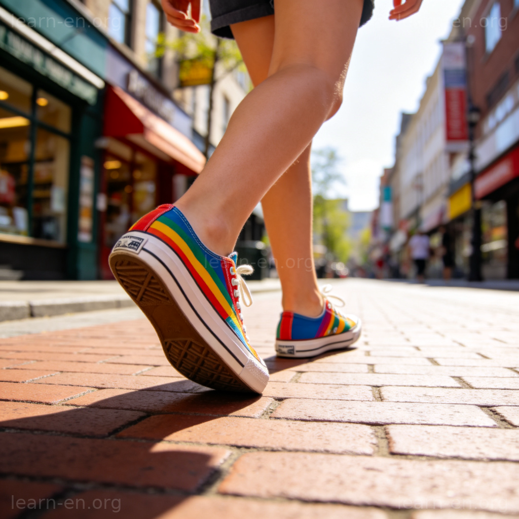 帆布鞋图解：年轻人穿着彩色帆布鞋走在阳光街道上