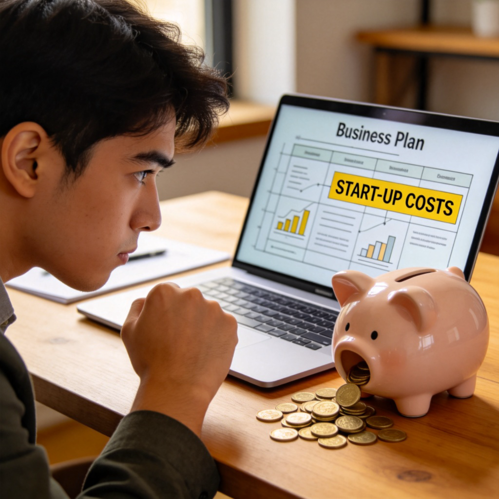 A young entrepreneur looking at a laptop screen showing a simple business plan and a highlighted number labeled 'START-UP COSTS' next to a piggy bank with coins spilling out. Warm, natural light on a wooden desk, close-up shot focusing on the determined expression and the financial symbols. No text.