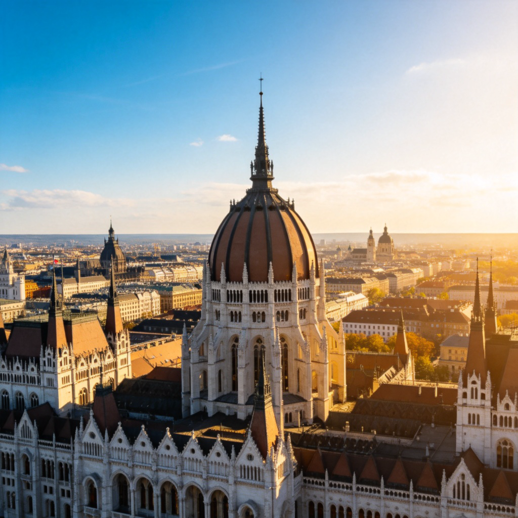 A wide-angle daytime view of a famous national capital city skyline, clearly showing a recognizable parliament or congress building dome at its center. Sunny blue sky, iconic city landmarks in the background, conveying a sense of importance and centrality. No text.