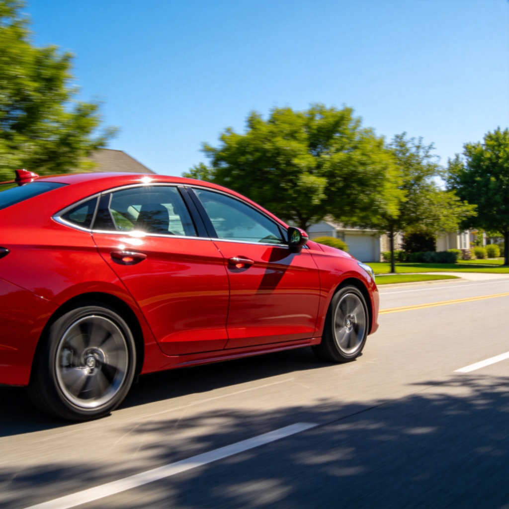A sleek, modern red car driving on a sunny suburban road lined with green trees. The car is viewed from the side, in sharp focus, under clear blue sky. No text or people in the shot, focusing solely on the car as a means of transportation.