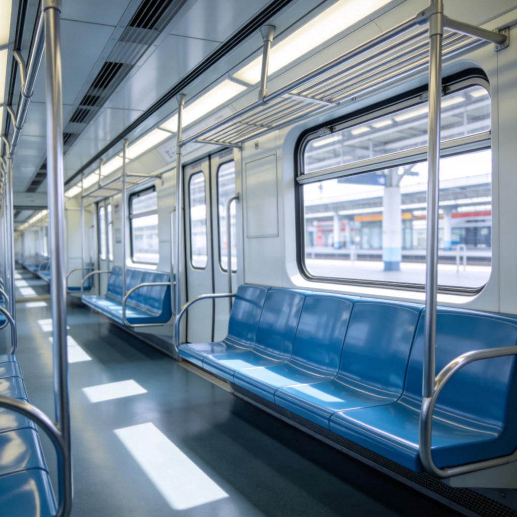 The interior of a bright, clean subway car or train carriage. Rows of empty blue seats, silver handrails, and large windows showing a blurred station platform outside. Well-lit, realistic style, focusing on the space as a single unit of a train.