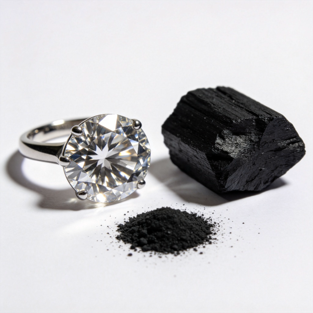 A sharp, clear photograph showing two contrasting objects on a simple background: one is a shiny diamond ring, the other is a piece of black charcoal. Next to them, in the foreground, place a small, neat pile of dark graphite powder. The focus is on the visual contrast between the three forms, highlighting they are all carbon. Natural studio lighting. No text or logos.