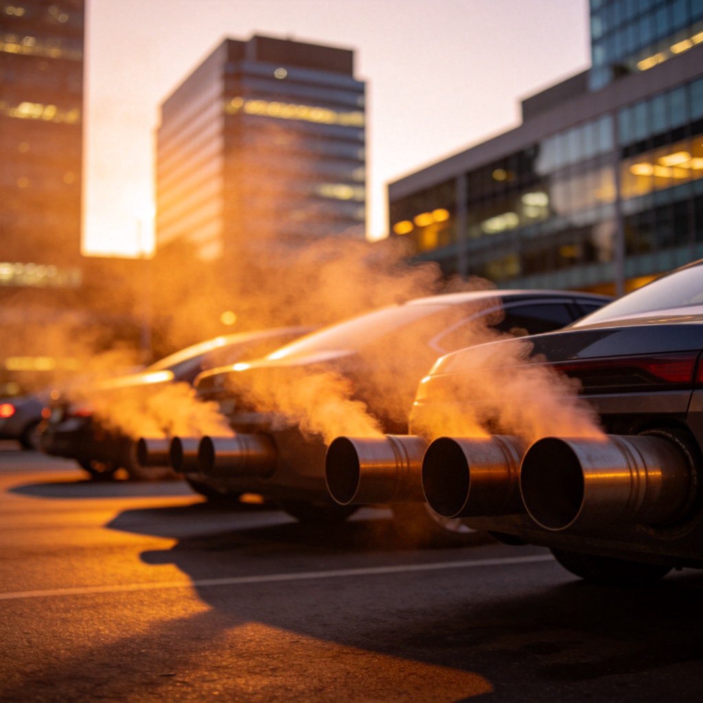 A wide-angle photo of a modern city skyline at dusk. In the foreground, focus on the exhaust pipes of several cars in traffic, with visible, slightly blurred warm air rising from them, symbolizing emissions. The background shows office buildings with some lights on. The atmosphere should suggest energy use and its byproduct. No text.