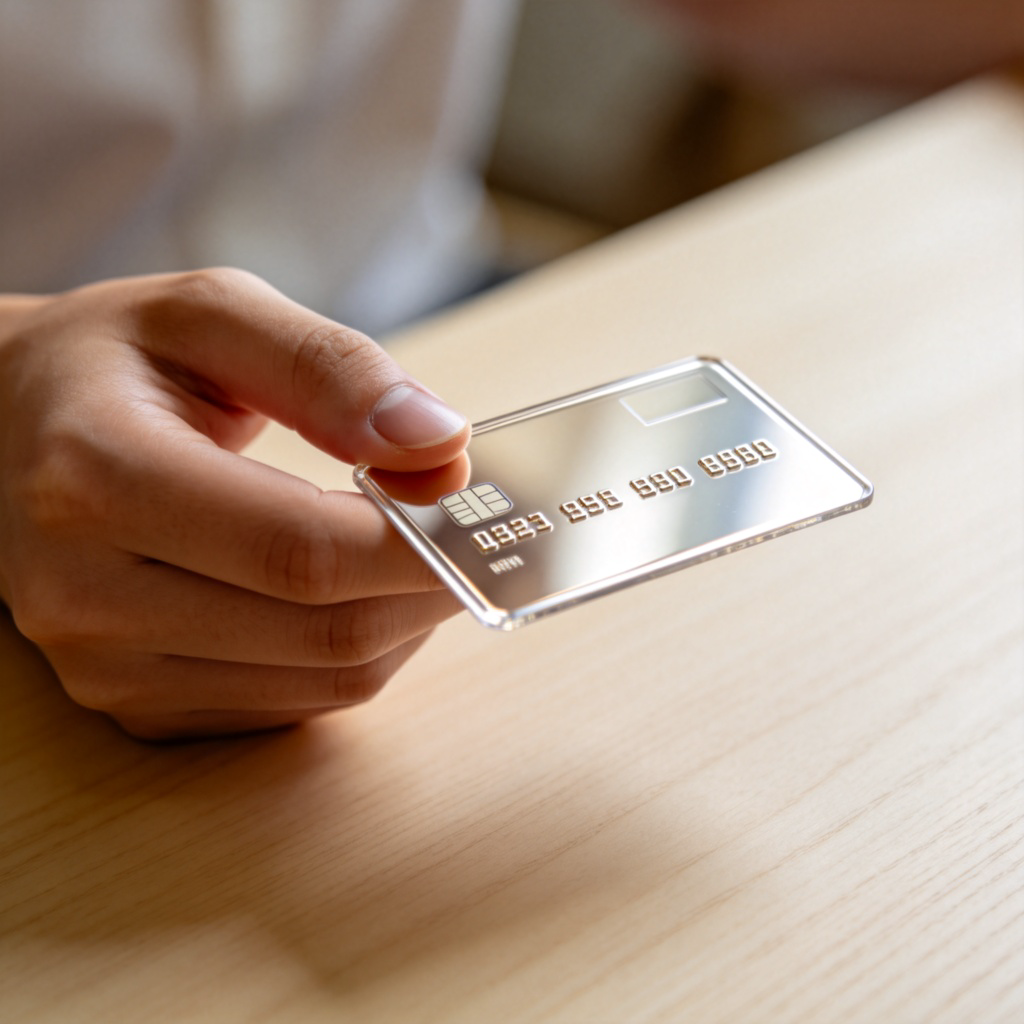 A person's hand holding a shiny, modern credit card against a simple, light-colored wooden table. The card is in clear focus, showing its rectangular shape and embossed numbers. The background is softly blurred to keep all attention on the card. No text or faces are visible in the image.