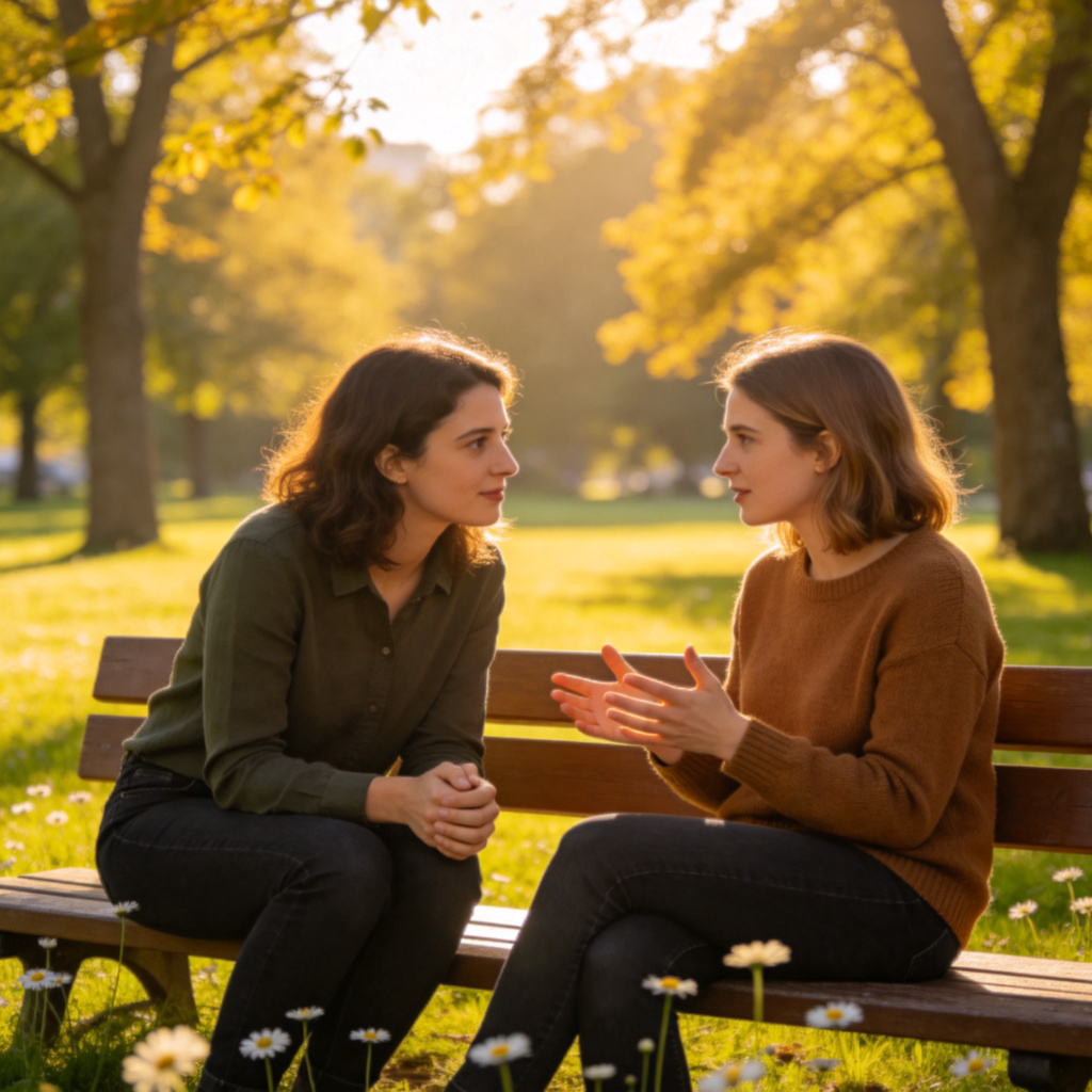 A warm and gentle scene of two friends sitting on a park bench, one listening intently to the other who is speaking. The listener's body language shows attention, with a kind expression and eye contact. The focus is on the caring and supportive interaction between them, set in a sunny park. No text.