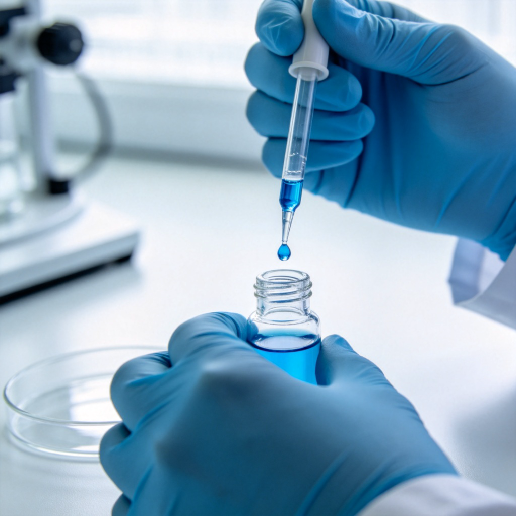 A scientist's gloved hands in a clean laboratory, using a precise pipette to transfer a single drop of blue liquid into a tiny vial. The hands are steady, showing concentration and meticulousness. The background is a clean lab bench. No text.