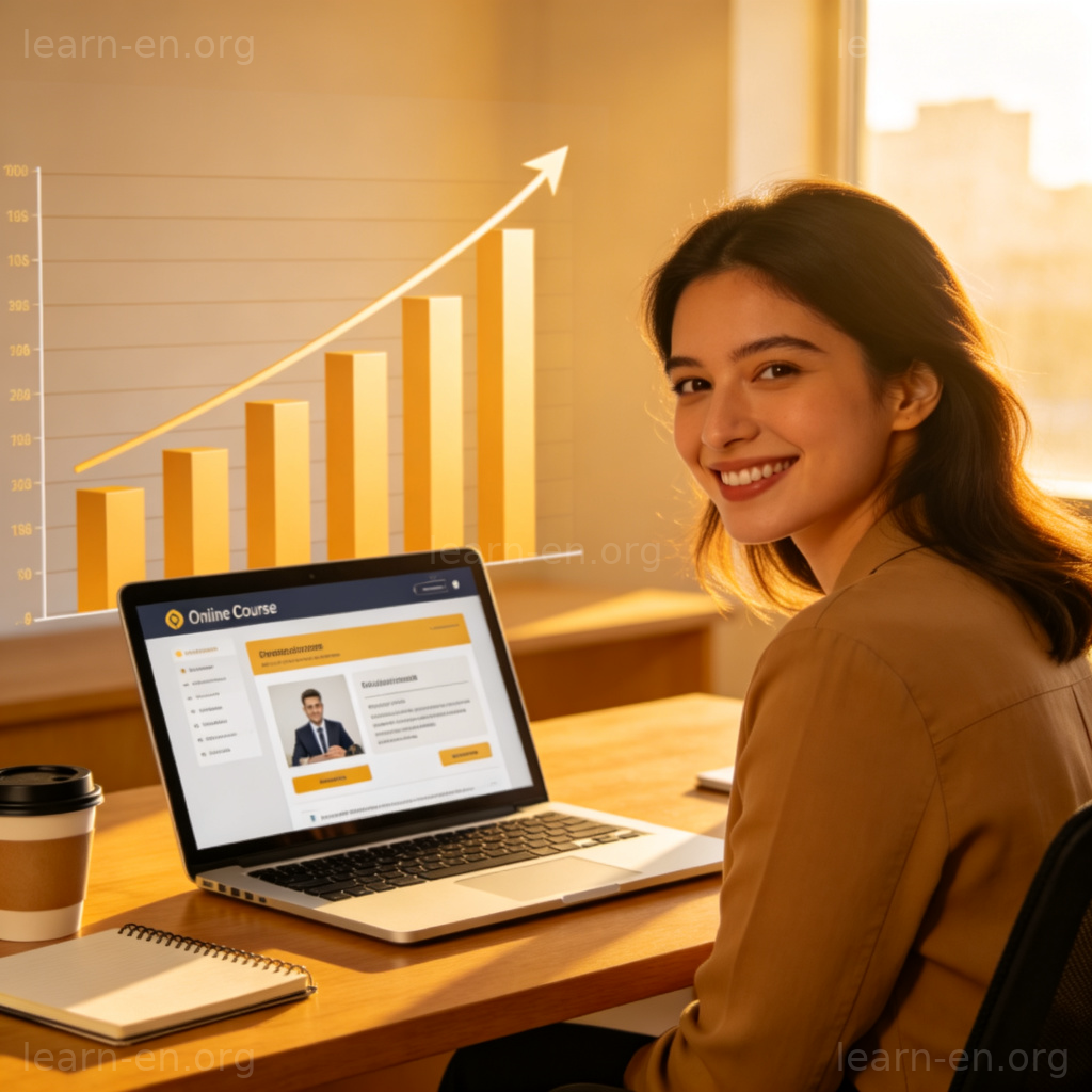 Career Development 职业发展图解：员工学习在线课程，背景为上升趋势图