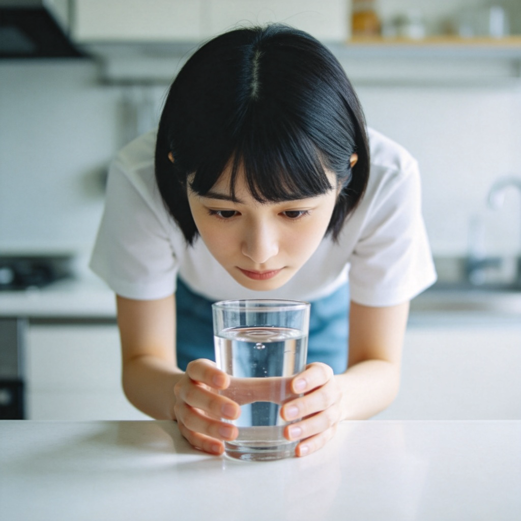 A young adult stands in a clean kitchen, carefully holding a transparent glass cup filled to the brim with water. They are looking intently at the water surface, moving slowly and steadily towards a table. The focus is on their steady hands and the full glass. The background is simple, with soft natural light. No text in the image.