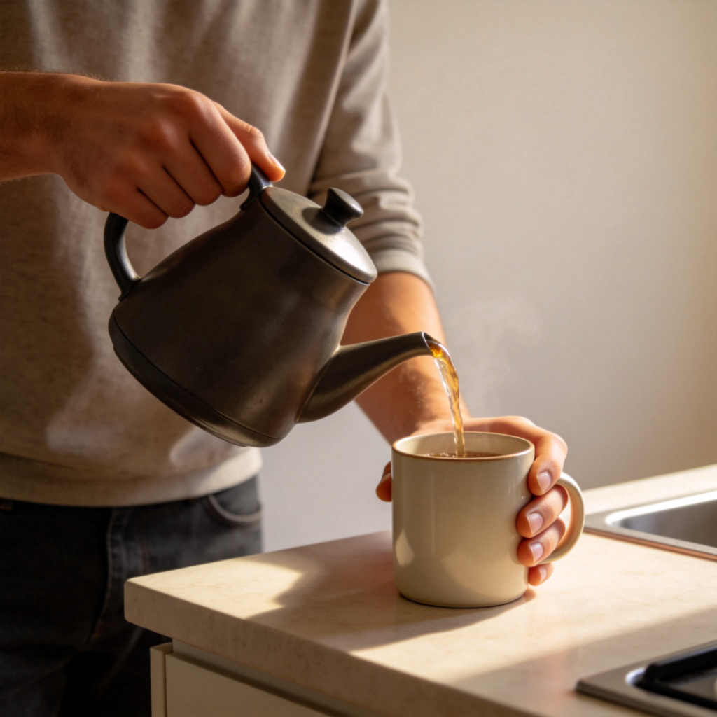 A person wearing casual clothes, standing at a kitchen counter, pouring liquid from a kettle into a mug with focused concentration to avoid spilling. Realistic style, close-up on hands and mug, soft lighting, plain background. No text or logos visible.