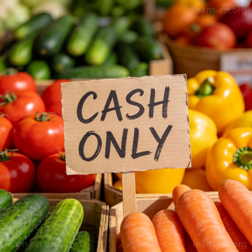 Close-up of hand-written 'CASH ONLY' sign on market stall with produce background