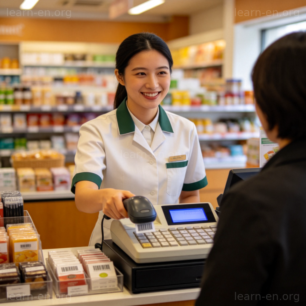 Cashier 收银员图解：超市收银台微笑服务顾客场景