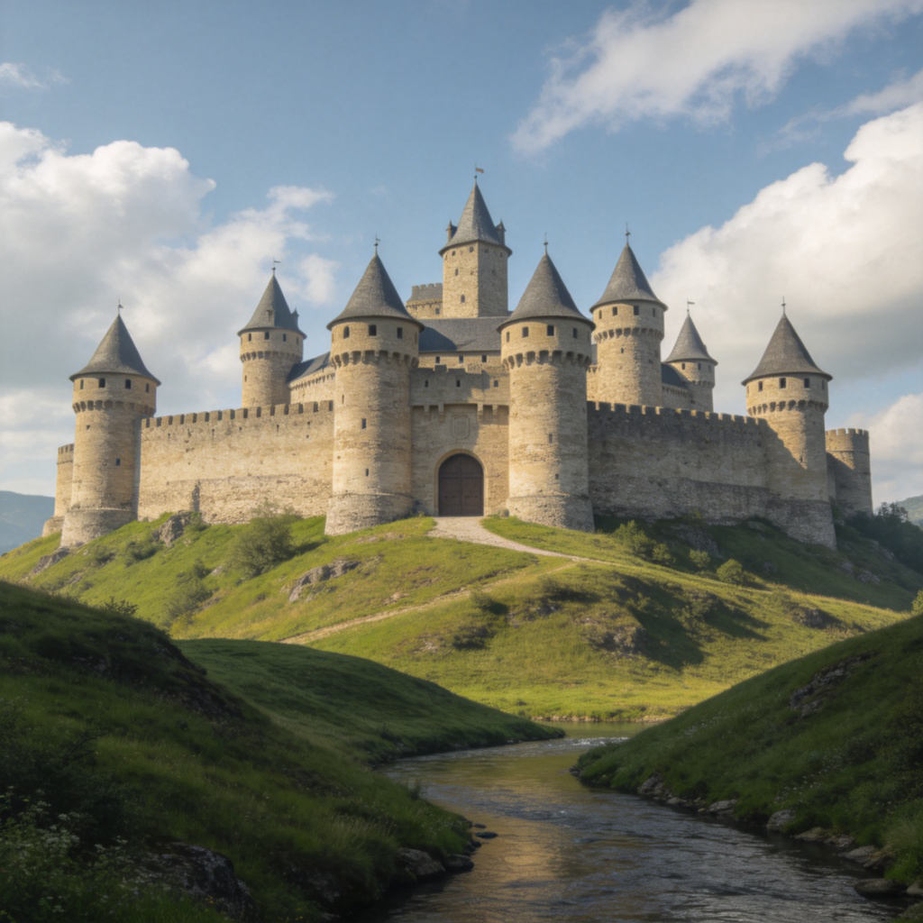 A grand, ancient stone castle sits atop a grassy hill, under a partly cloudy sky. The castle has tall, thick walls, multiple round towers with pointed roofs, and a large central gate. The scene is peaceful and picturesque, with green hills and a small river in the foreground. Photorealistic style, clear daylight, no people or text in the image.