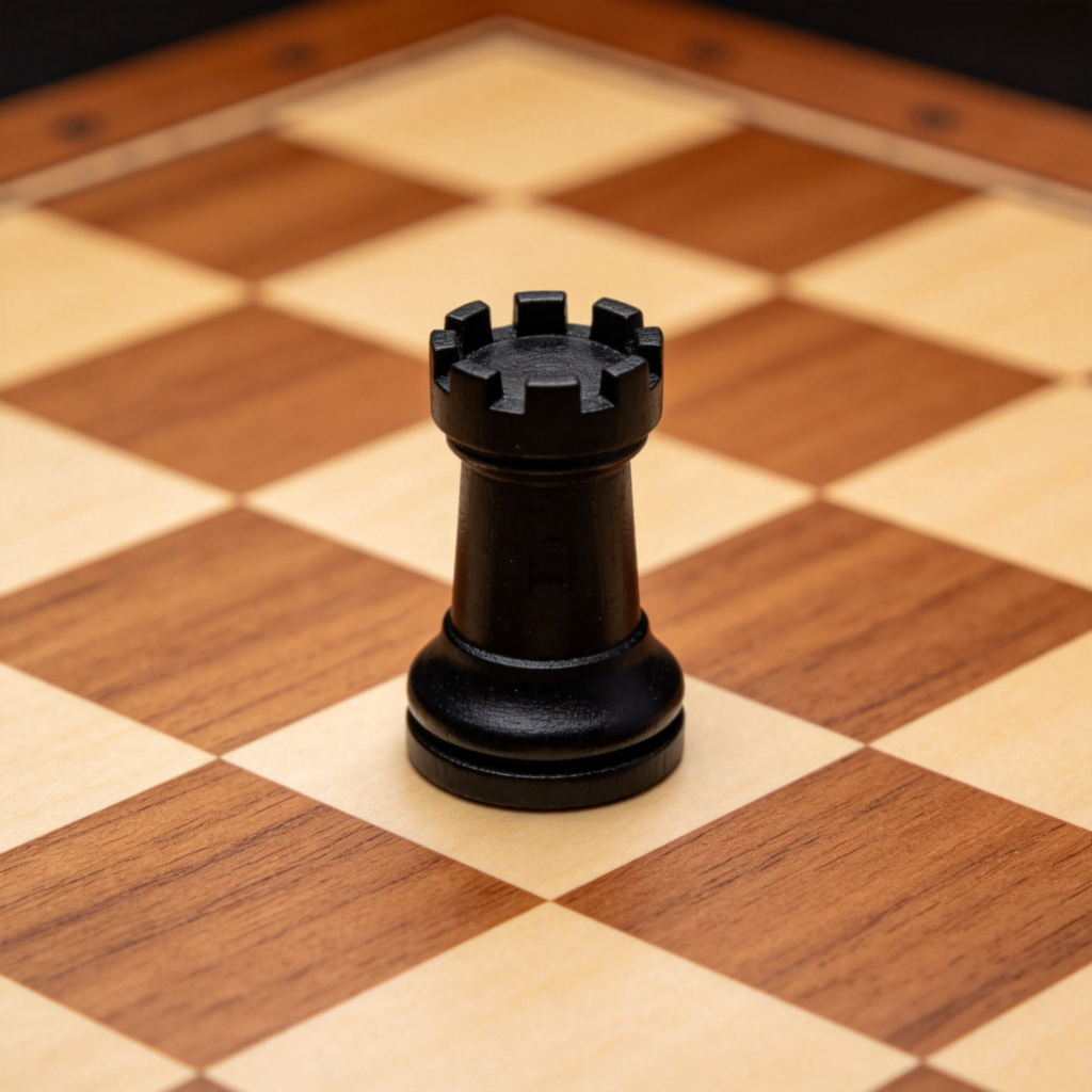 A close-up top-down view of a wooden chessboard. A single, distinct black chess piece shaped like a castle tower with battlements is positioned on a light-colored square. The background is softly blurred, focusing all attention on the piece. The lighting is even and clear, with no other pieces or text visible.