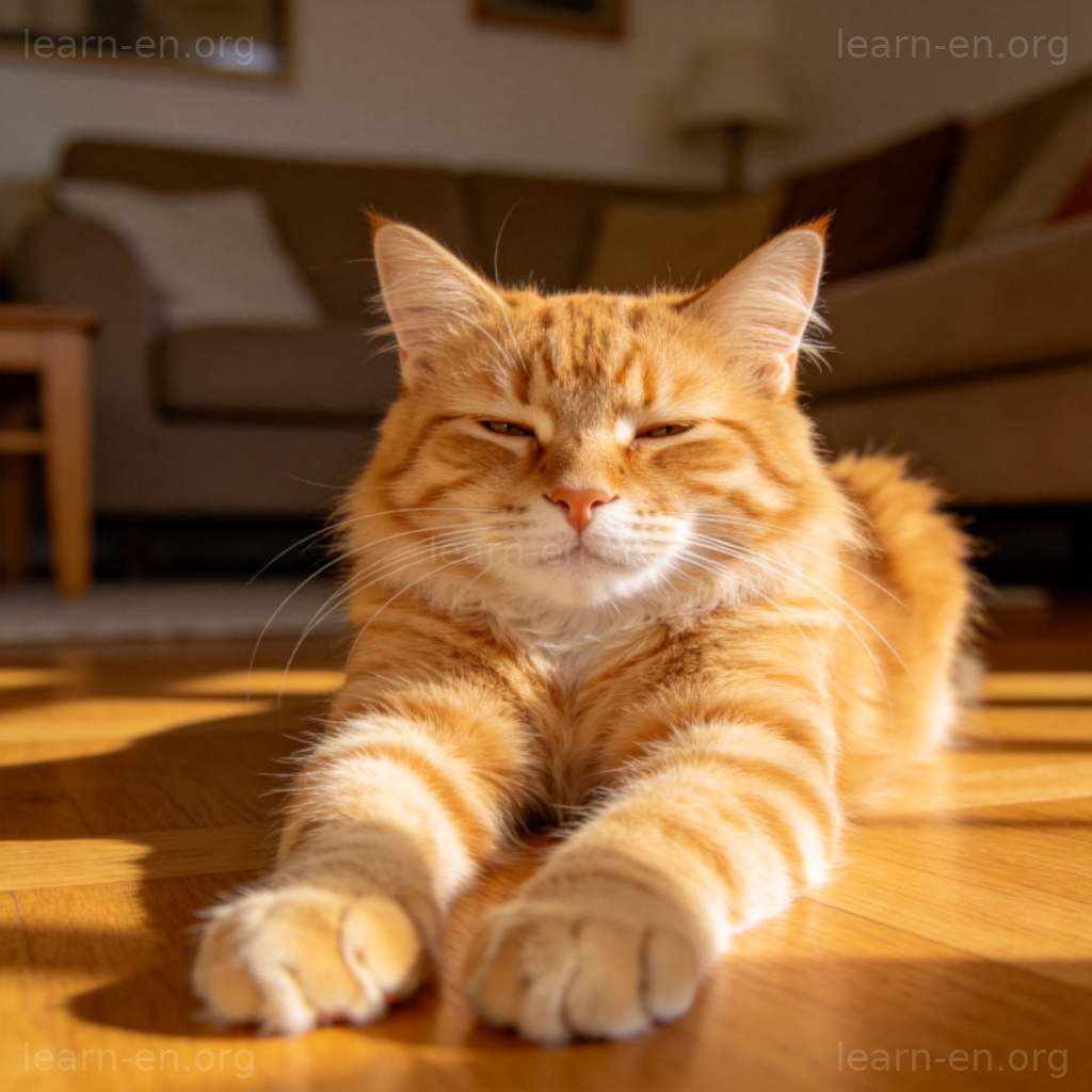 cat 单词图解：一只橘色虎斑猫在客厅阳光下伸展