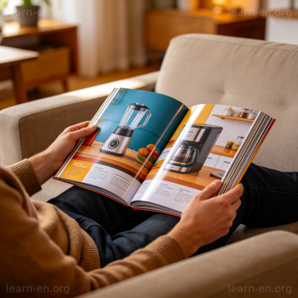 catalog 含义图解：在家翻阅彩色产品目录的场景