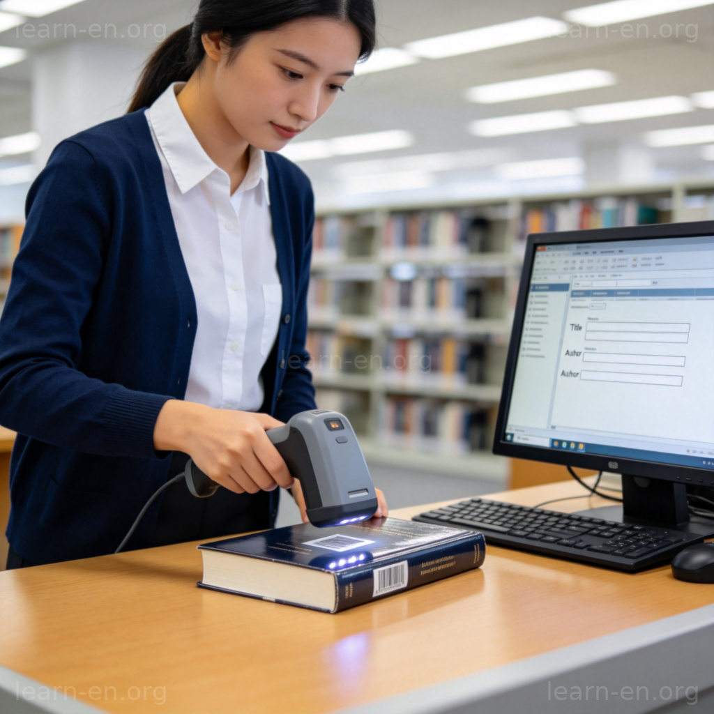 catalog 动词图解：图书管理员扫描书籍编目入库