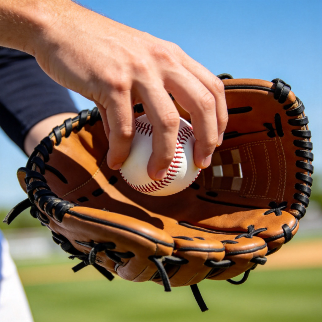 A close-up shot of a baseball glove, with a baseball just landing perfectly in the pocket. The person's hand is firmly closing around the ball. Bright daylight, clear action, focus on the glove and ball. No text.