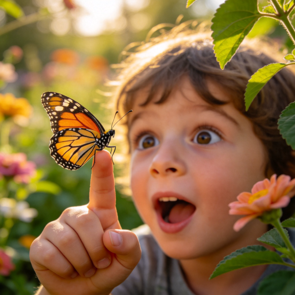 A curious young child with eyes wide open, gently and carefully holding up their hand with a colorful butterfly perched on their finger. The expression is one of happy surprise. Soft natural light in a garden. No text.