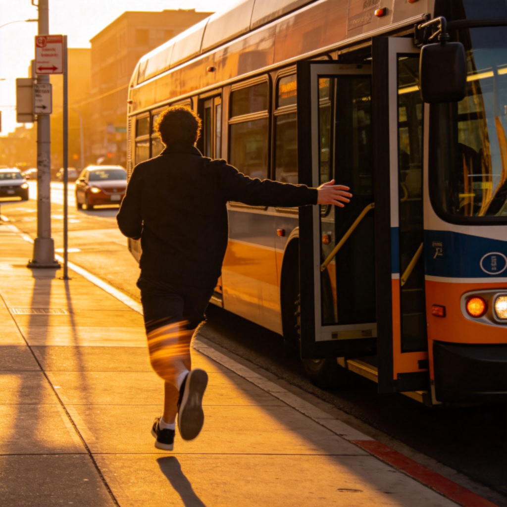 A person seen from behind, running towards a city bus that is just about to close its doors at a bus stop. The person's arm is outstretched. Street scene, dynamic motion, late afternoon light. No text.