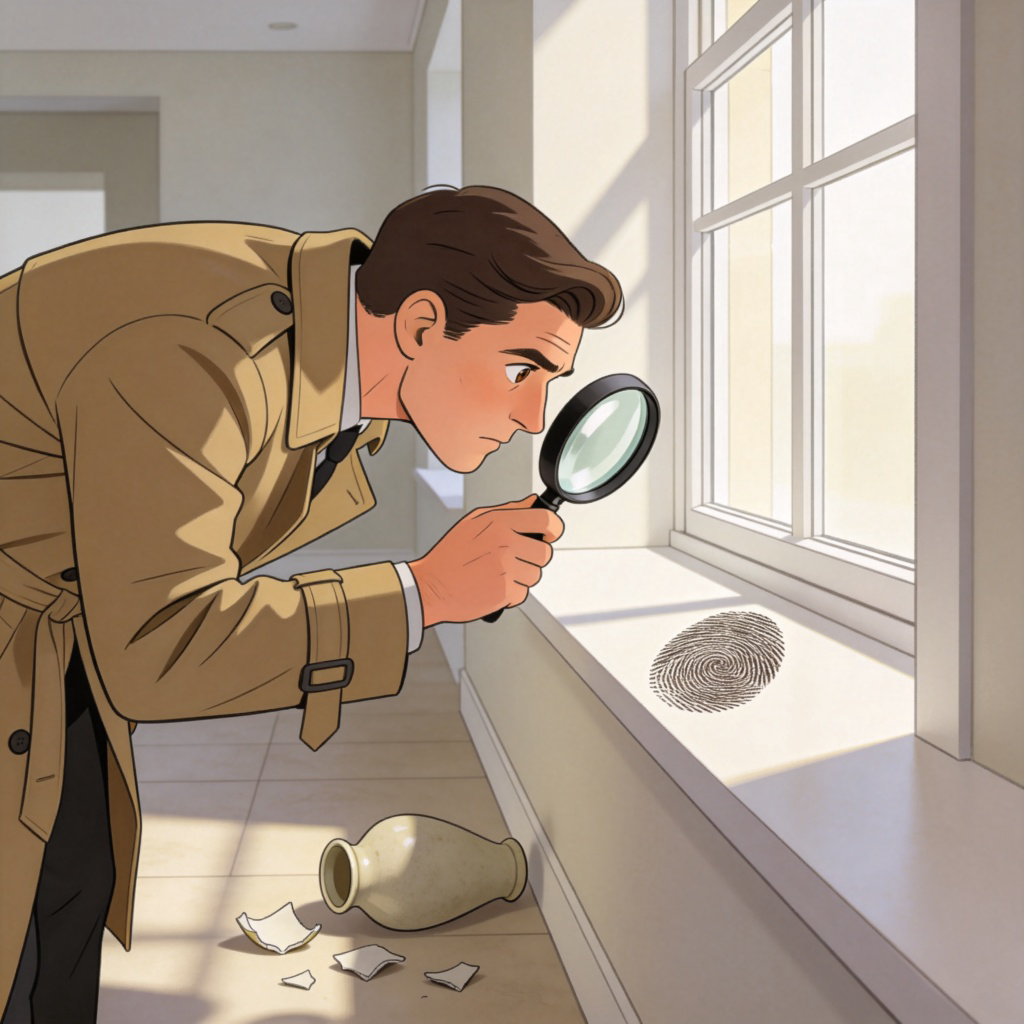 A detective in a trench coat looking intently through a magnifying glass at a single, clearly visible fingerprint left on a windowsill in a modern room. A broken vase lies on the floor nearby. The light focuses on the fingerprint and the detective's eyes. Simple, realistic style. No text.