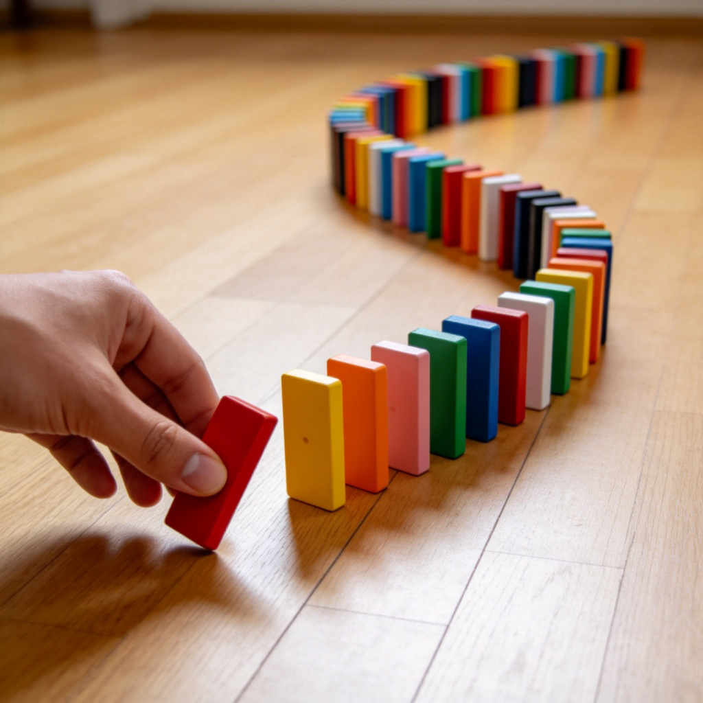 A close-up shot of a hand gently pushing the first domino in a long, curving line of colorful dominoes. The dominoes are on a flat, wooden floor. As the first domino falls, it starts to tip into the second one. The motion is frozen in time, clearly showing the action of one thing causing the next to happen. Clean background, natural lighting. No text.