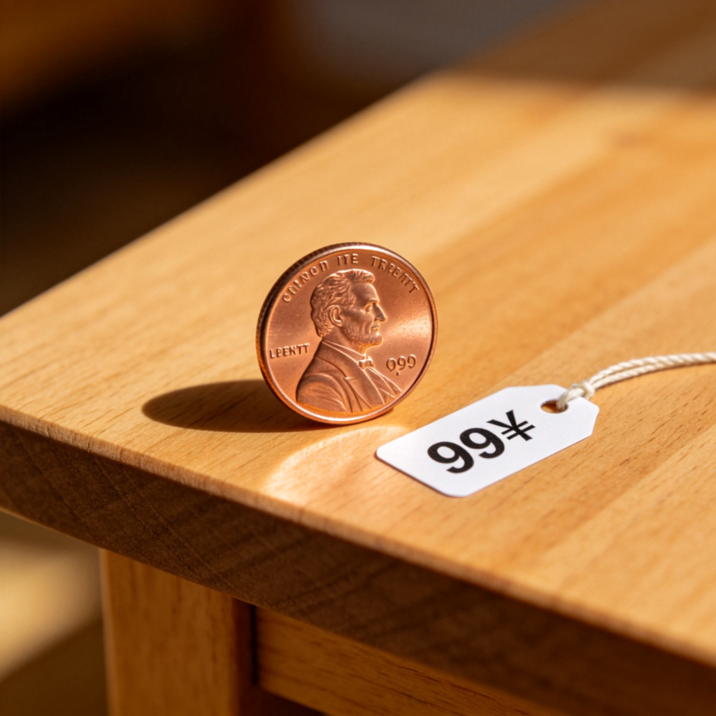 A close-up photo of a single, shiny copper-colored one-cent coin (like a US penny) lying on a wooden table. Next to it is a simple price tag sticker showing "99￠". The lighting is clear and bright, focusing on the coin and the tag. No other objects or text in the frame.