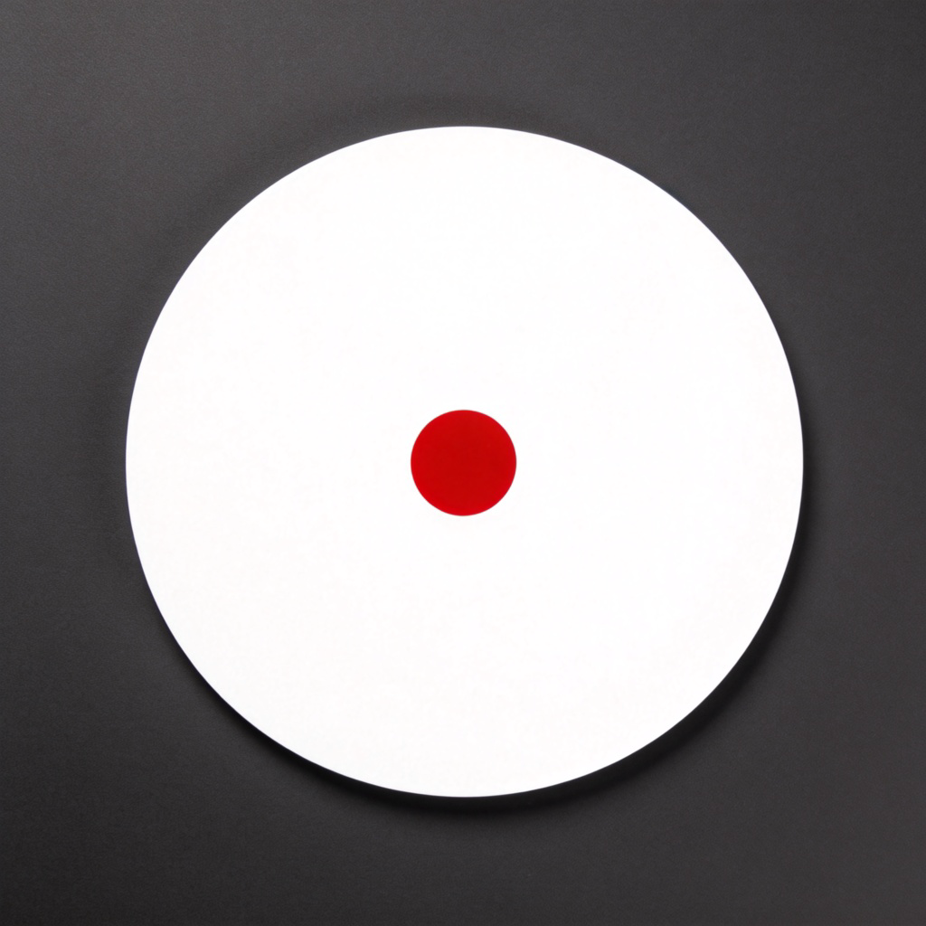 A top-down view of a plain white circle drawn on a dark grey background. A bright red dot is perfectly positioned at the exact middle of the circle. The red dot is sharp and distinct. The image is simple and graphic, with no other details or text.