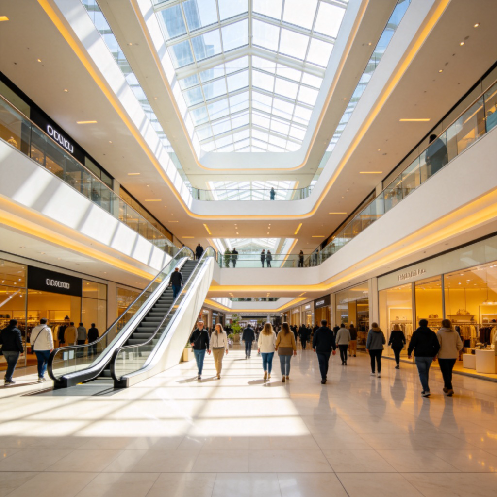 A modern, brightly lit indoor shopping center with multiple levels. People are walking and chatting. The focus is on the open, spacious central atrium with a glass ceiling. Escalators are visible, and there are clear signs for different stores. The scene is clean and bustling, without any specific text on signs.