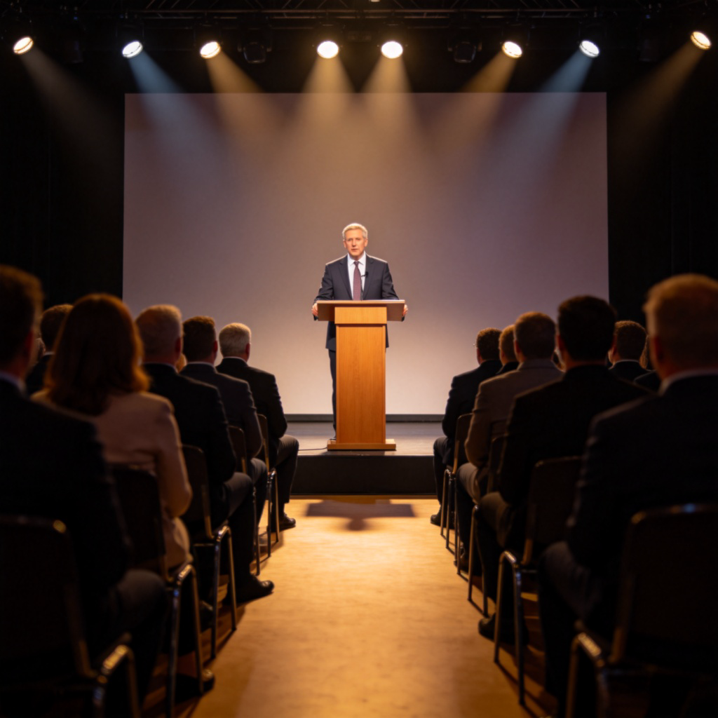 A well-dressed speaker is standing at a podium giving a presentation. All the audience members in the rows of seats are turned towards the speaker, listening intently. The speaker is in sharp focus in the center of the frame, with the audience slightly blurred but clearly attentive. The lighting highlights the speaker on the stage.