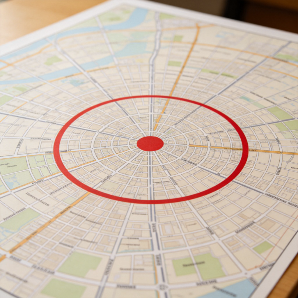 A detailed city map spread out on a table. A bright red circle is clearly marked in the exact middle of the map. Outside the circle, streets and landmarks are visible. Focus on the red circle and the map's center. Top-down view, clean and simple. No text or logos.
