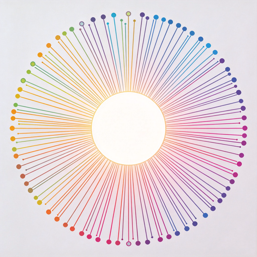 A colorful, simplified diagram of a brain or a network. Many lines connect from the outer parts to one large, brightly glowing circle in the very center. The central circle is the clear focus. Modern infographic style on a light background. No text.