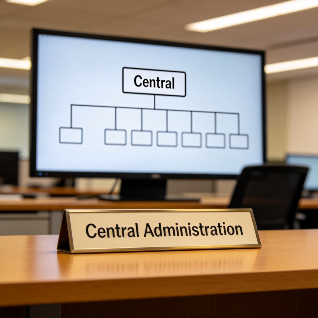 A modern, professional office scene. In the foreground, a nameplate on a desk reads "Central Administration." In the background, a large organizational chart is visible on a screen, with one box at the top labeled "Central" and lines connecting to many smaller boxes below. Warm office lighting. No text on the chart.