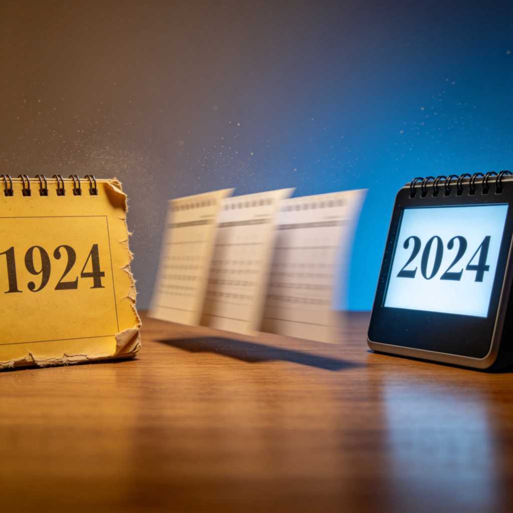 An image symbolizing the passage of a hundred years. On the left, a page from a yellowed, old-fashioned calendar is turned to the year "1924". In the middle, a blurred sequence of calendar pages appears to be flipping quickly. On the right, a modern digital calendar clearly shows the year "2024". The background is a simple wooden desk. The composition emphasizes the long span from the past to the present. No text.