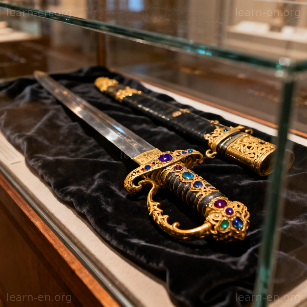 Ceremonial sword on velvet cloth in museum display