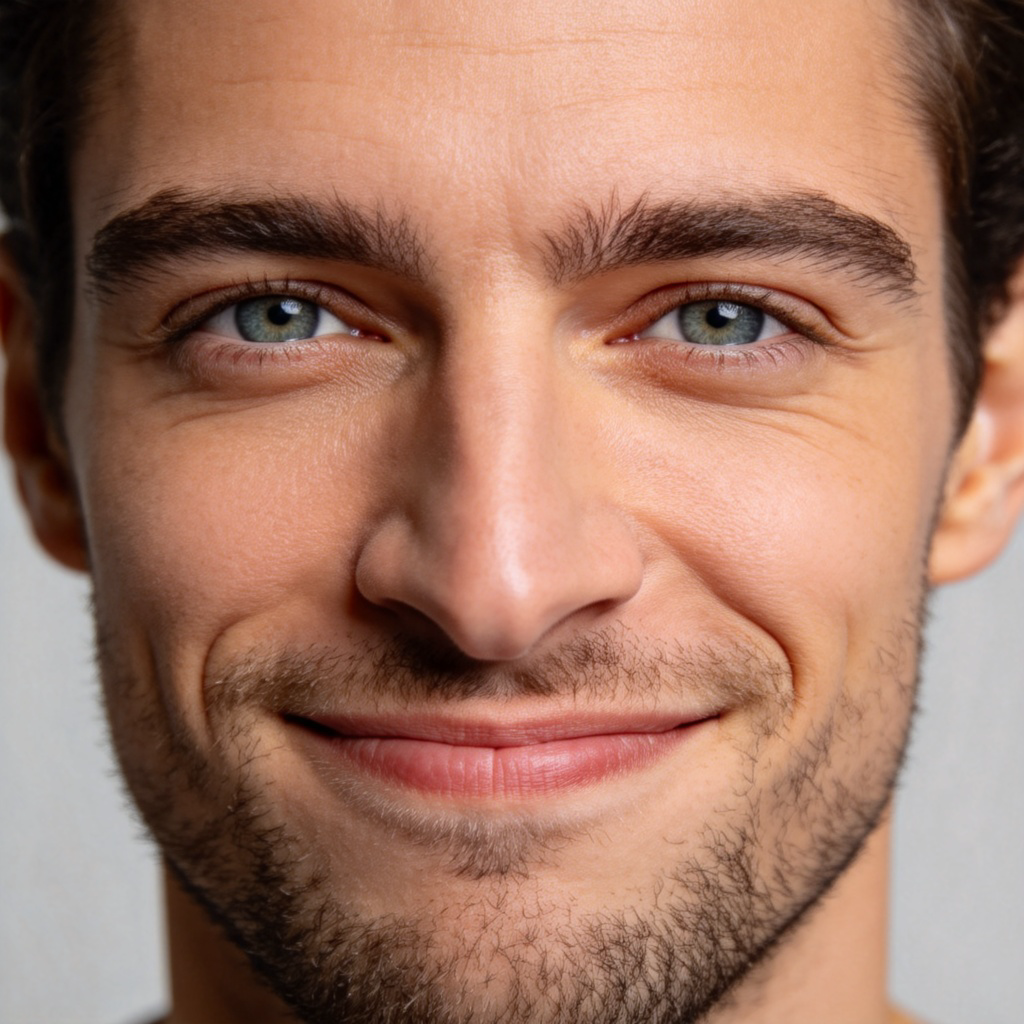 A close-up of a person's face with a confident, knowing smile and a firm, slow nod. Their eyes are clear and focused, showing no trace of doubt. Plain, neutral background. Photography style, sharp focus on the expression.